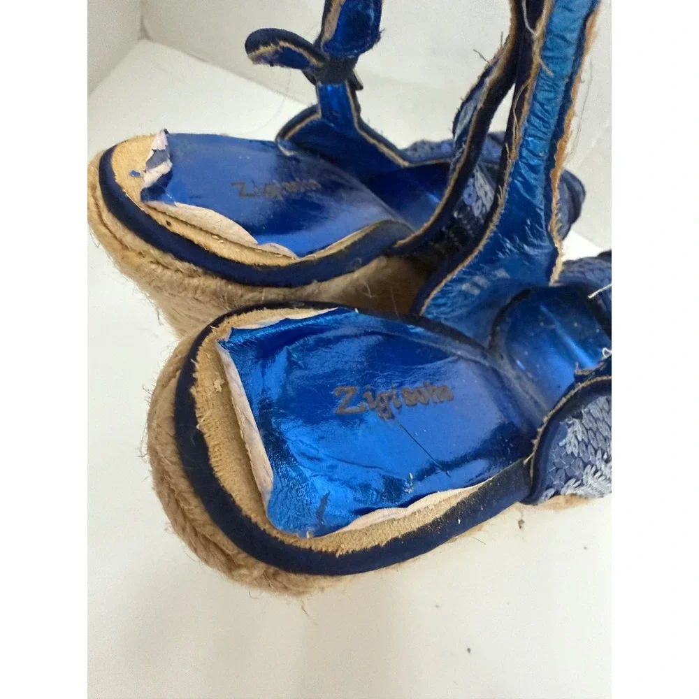 Zigisoho Blue Sequin Espadrille Wedge Sandals Slingback Peep Toe Platform Shoes